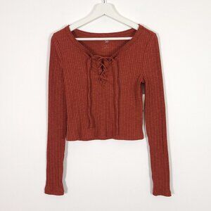 Lace Front Knit Casual Ribbed Top